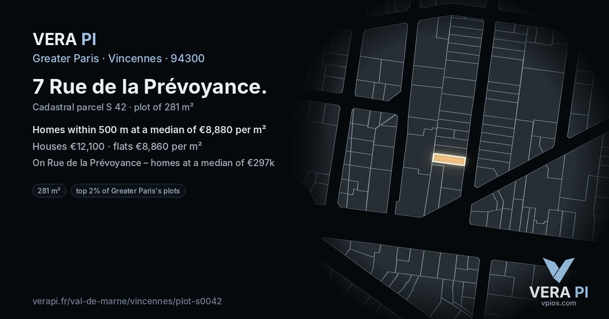 7 Rue de la Prévoyance, Vincennes at night – the plot lit, the parcels around coloured by the prices near them