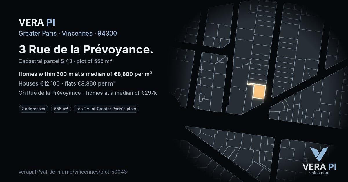 3 Rue de la Prévoyance, Vincennes at night – the plot lit, the parcels around coloured by the prices near them