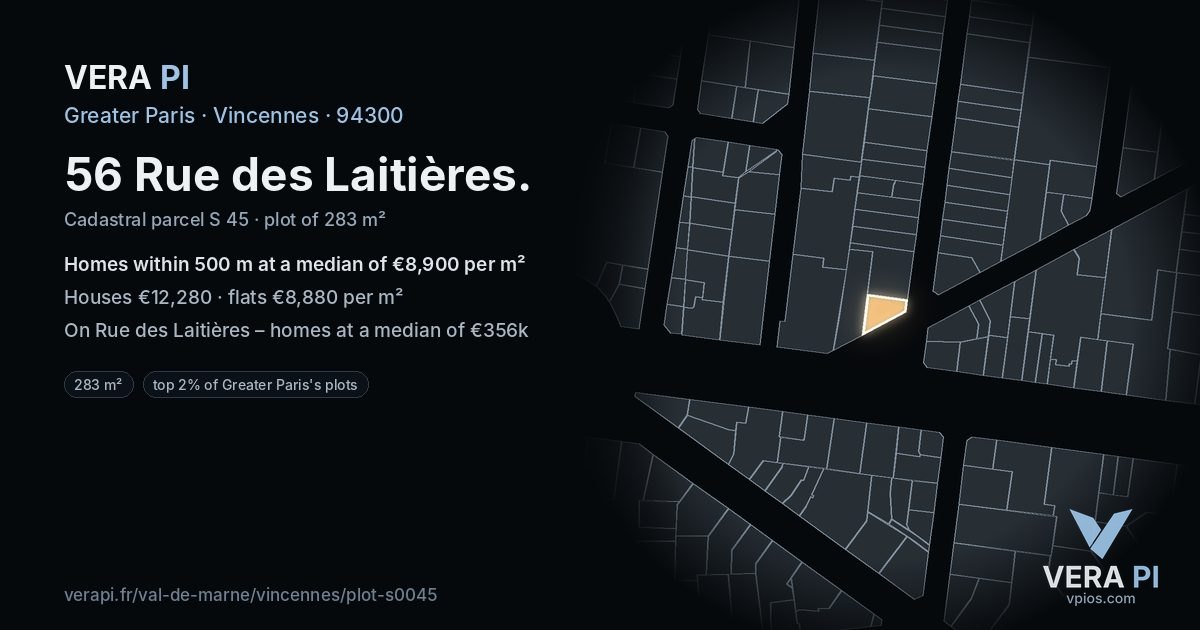 56 Rue des Laitières, Vincennes at night – the plot lit, the parcels around coloured by the prices near them