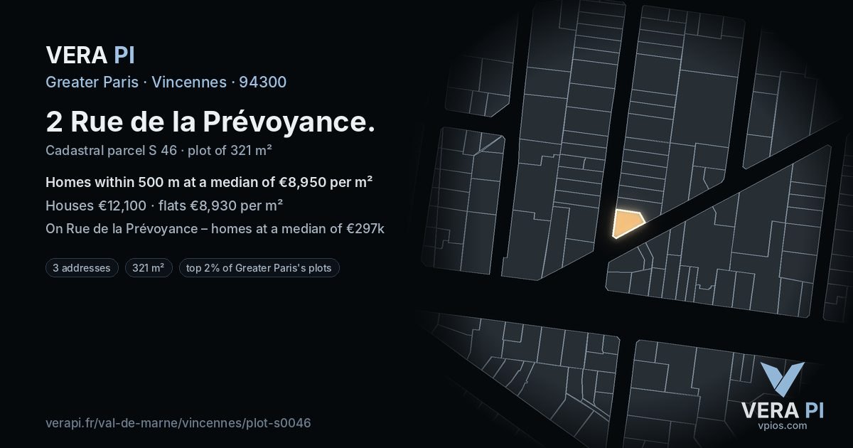 2 Rue de la Prévoyance, Vincennes at night – the plot lit, the parcels around coloured by the prices near them