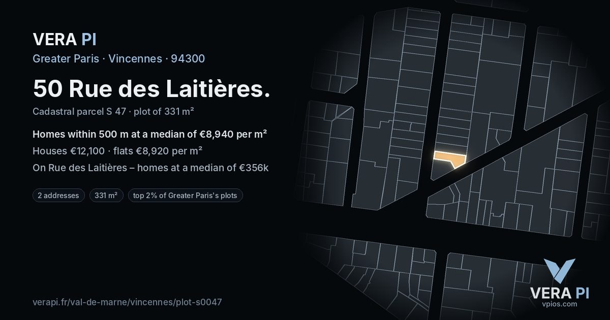 50 Rue des Laitières, Vincennes at night – the plot lit, the parcels around coloured by the prices near them