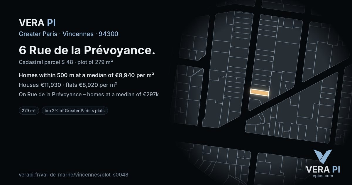 6 Rue de la Prévoyance, Vincennes at night – the plot lit, the parcels around coloured by the prices near them
