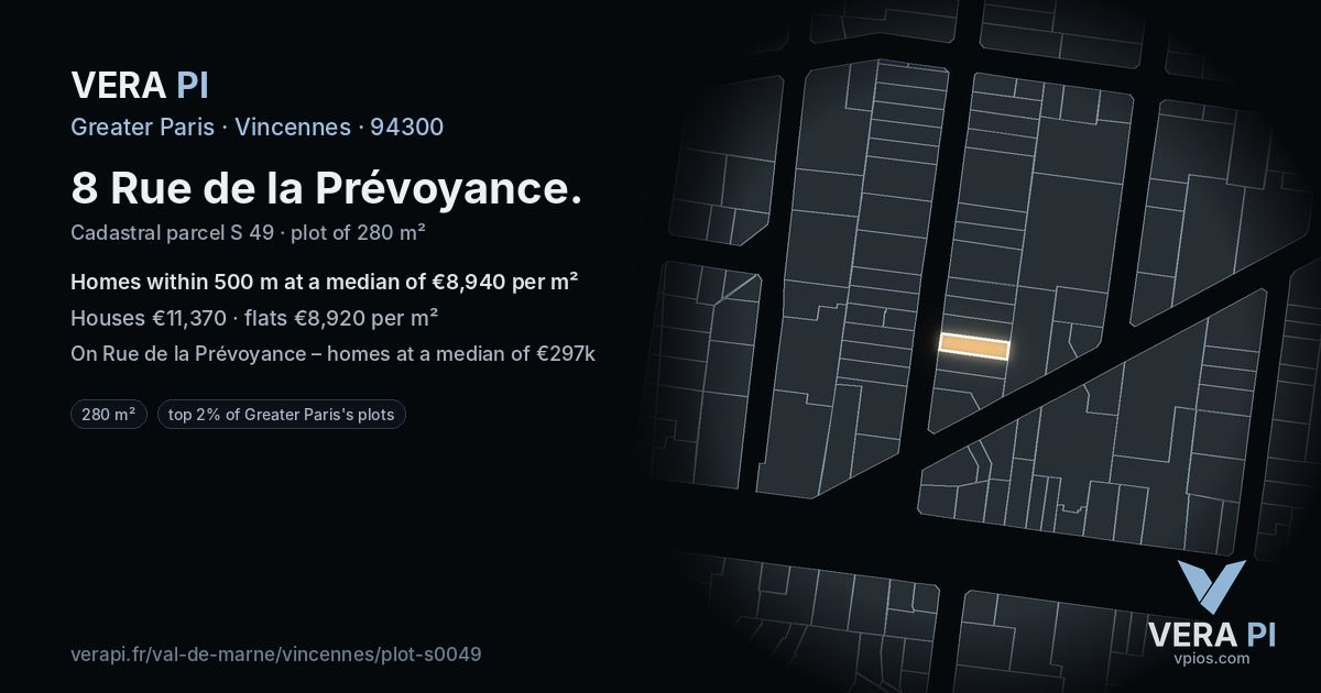 8 Rue de la Prévoyance, Vincennes at night – the plot lit, the parcels around coloured by the prices near them