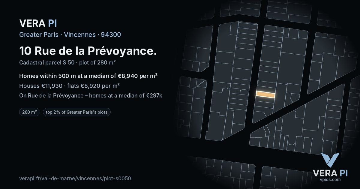 10 Rue de la Prévoyance, Vincennes at night – the plot lit, the parcels around coloured by the prices near them