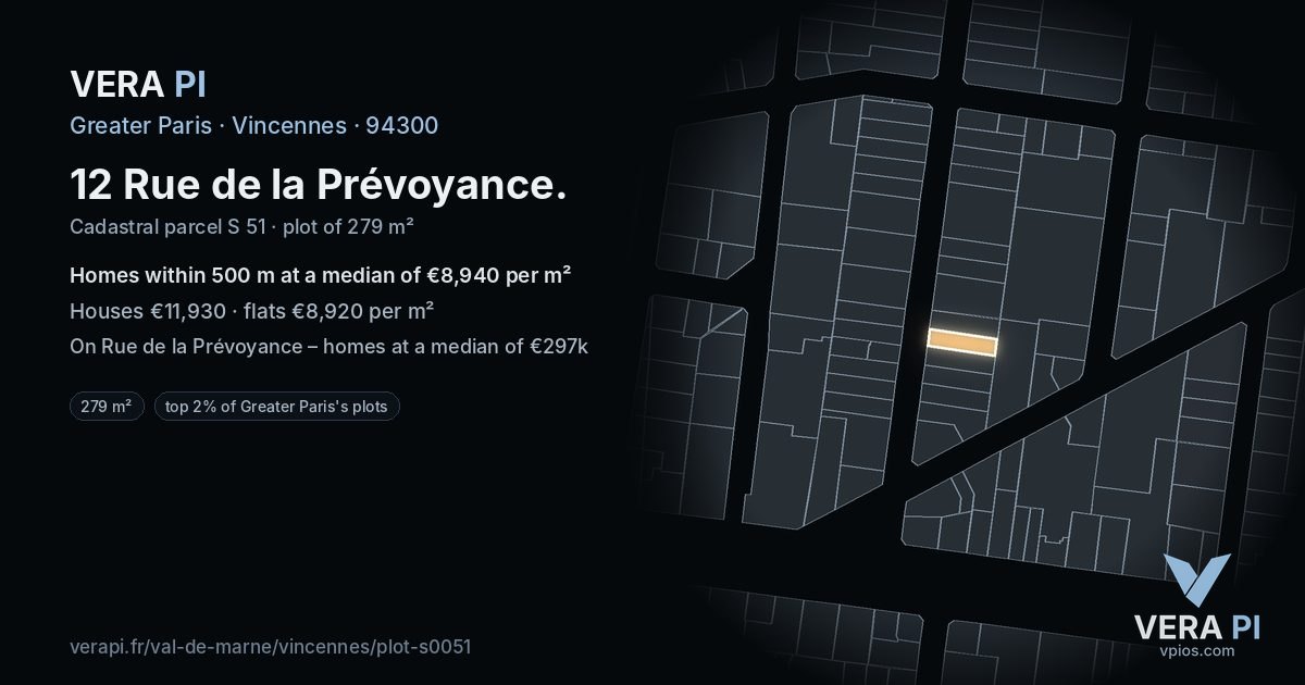 12 Rue de la Prévoyance, Vincennes at night – the plot lit, the parcels around coloured by the prices near them