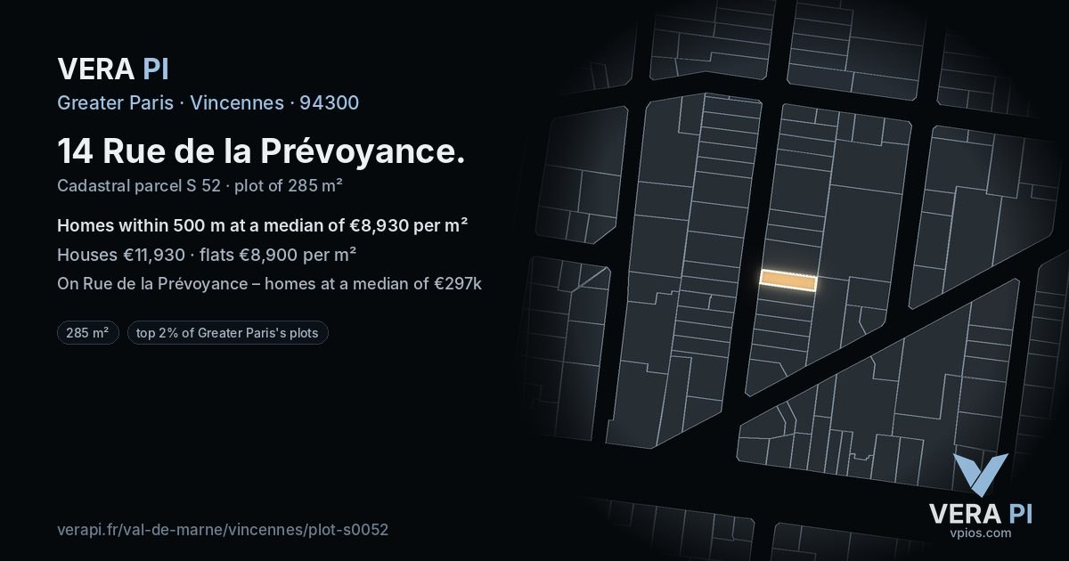 14 Rue de la Prévoyance, Vincennes at night – the plot lit, the parcels around coloured by the prices near them