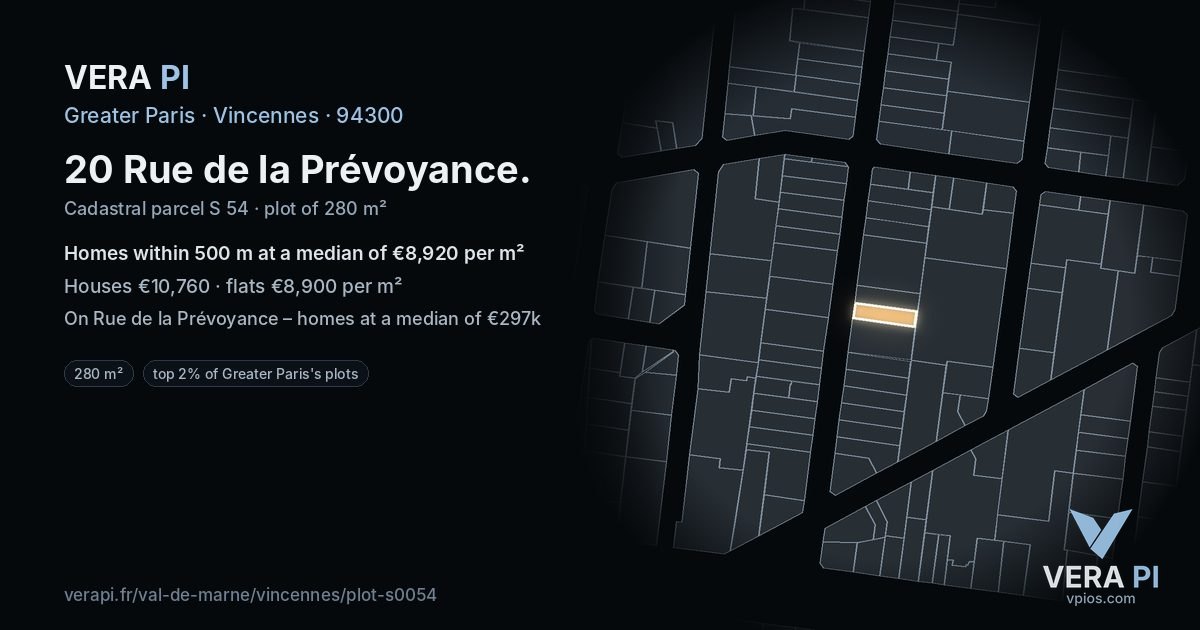 20 Rue de la Prévoyance, Vincennes at night – the plot lit, the parcels around coloured by the prices near them