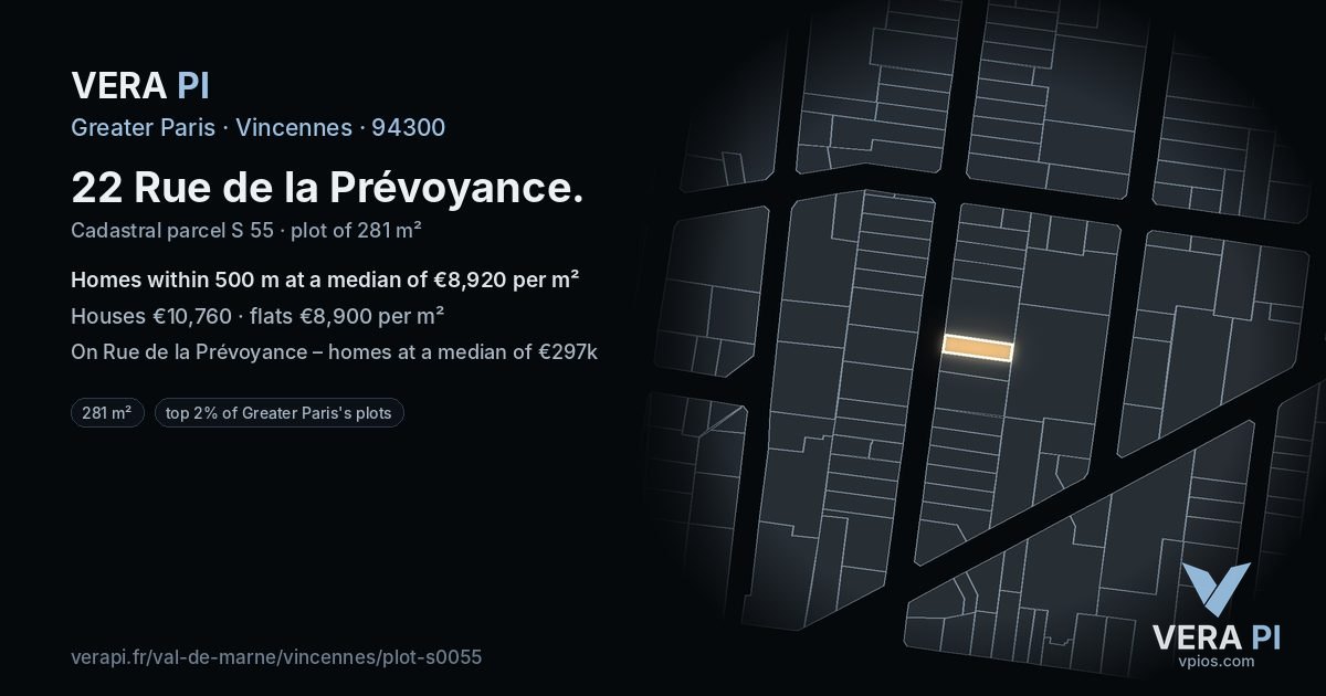 22 Rue de la Prévoyance, Vincennes at night – the plot lit, the parcels around coloured by the prices near them