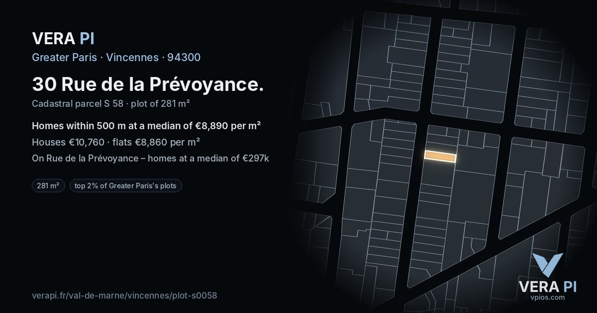 30 Rue de la Prévoyance, Vincennes at night – the plot lit, the parcels around coloured by the prices near them