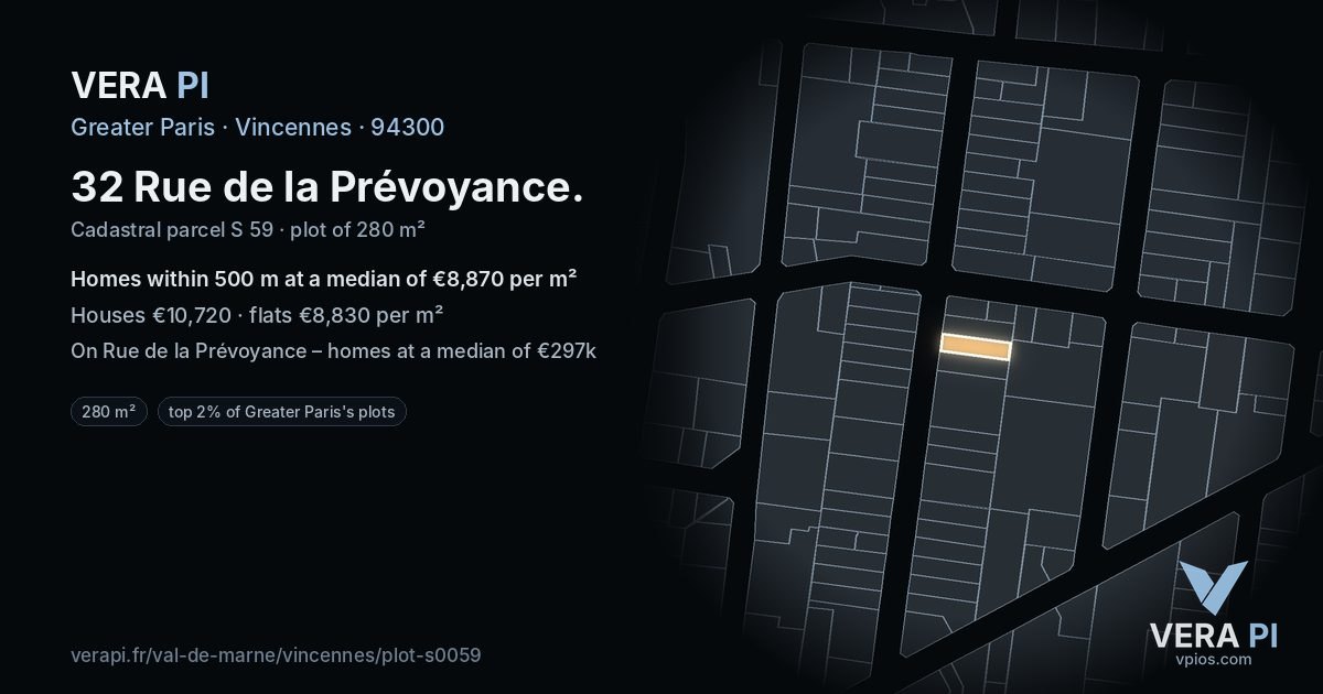 32 Rue de la Prévoyance, Vincennes at night – the plot lit, the parcels around coloured by the prices near them