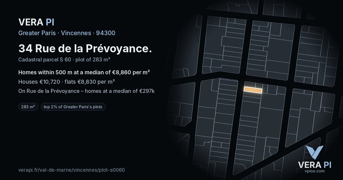 34 Rue de la Prévoyance, Vincennes at night – the plot lit, the parcels around coloured by the prices near them