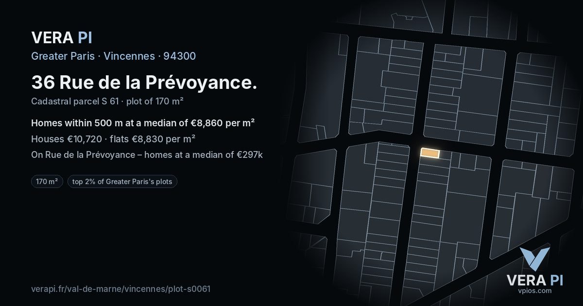36 Rue de la Prévoyance, Vincennes at night – the plot lit, the parcels around coloured by the prices near them