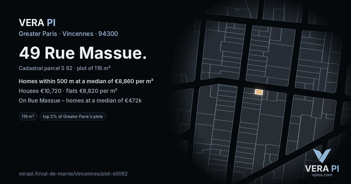 49 Rue Massue, Vincennes at night – the plot lit, the parcels around coloured by the prices near them