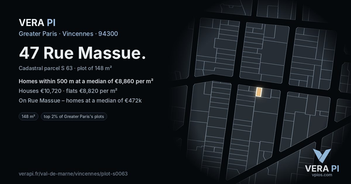 47 Rue Massue, Vincennes at night – the plot lit, the parcels around coloured by the prices near them