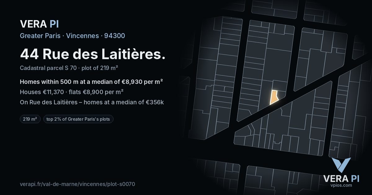 44 Rue des Laitières, Vincennes at night – the plot lit, the parcels around coloured by the prices near them