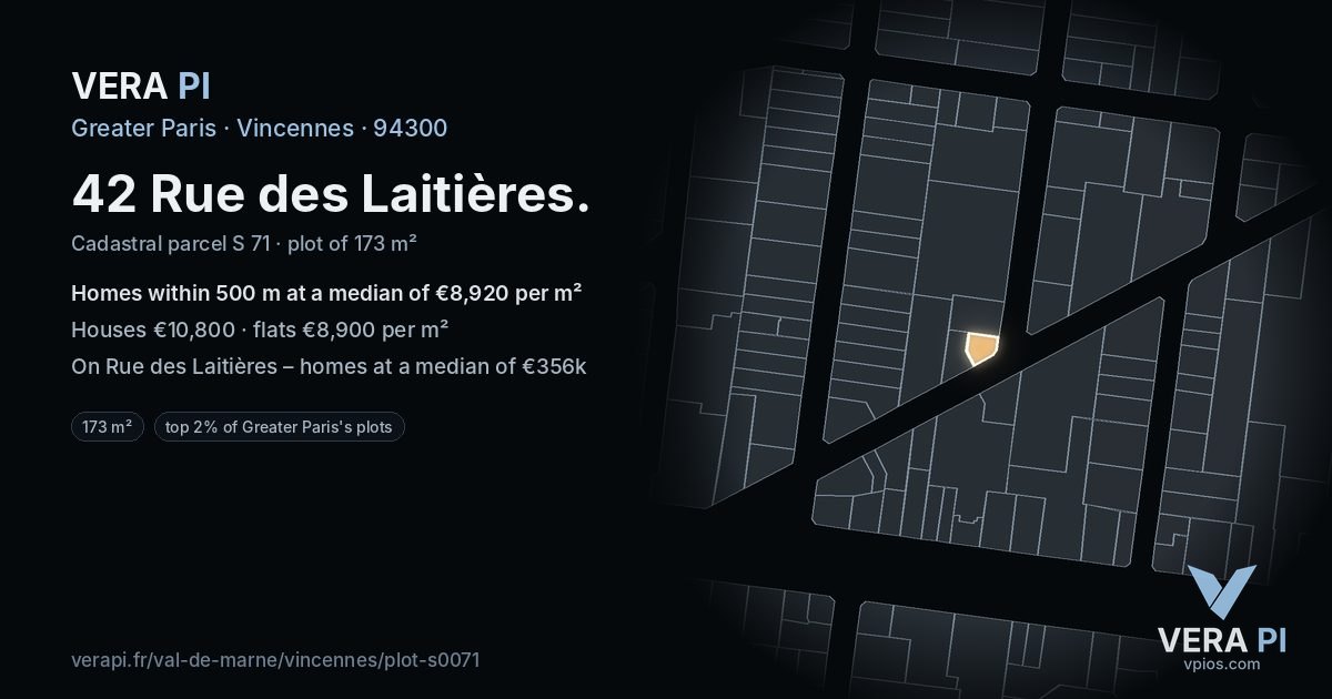 42 Rue des Laitières, Vincennes at night – the plot lit, the parcels around coloured by the prices near them