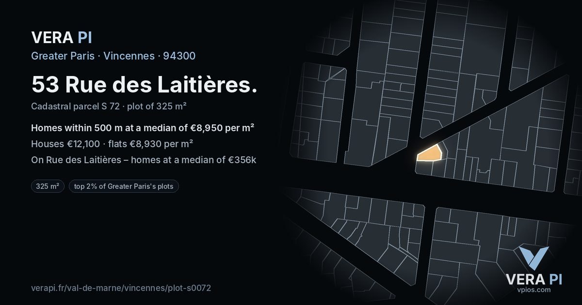 53 Rue des Laitières, Vincennes at night – the plot lit, the parcels around coloured by the prices near them