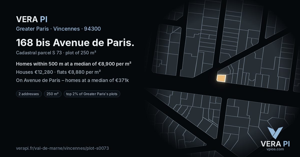 168 bis Avenue de Paris, Vincennes at night – the plot lit, the parcels around coloured by the prices near them