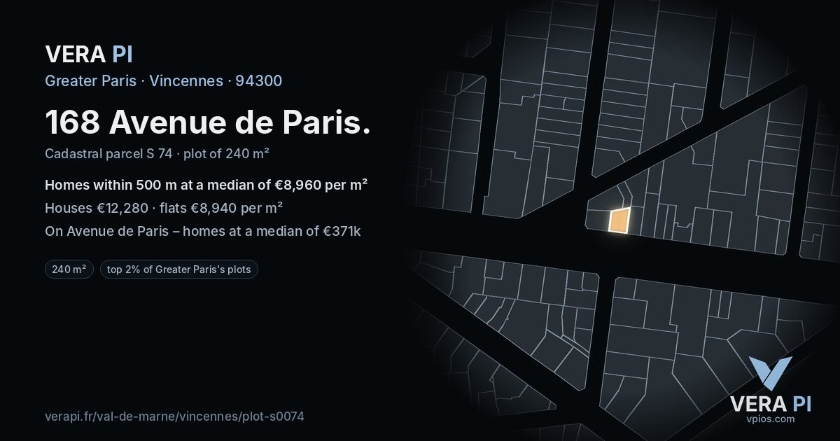 168 Avenue de Paris, Vincennes at night – the plot lit, the parcels around coloured by the prices near them