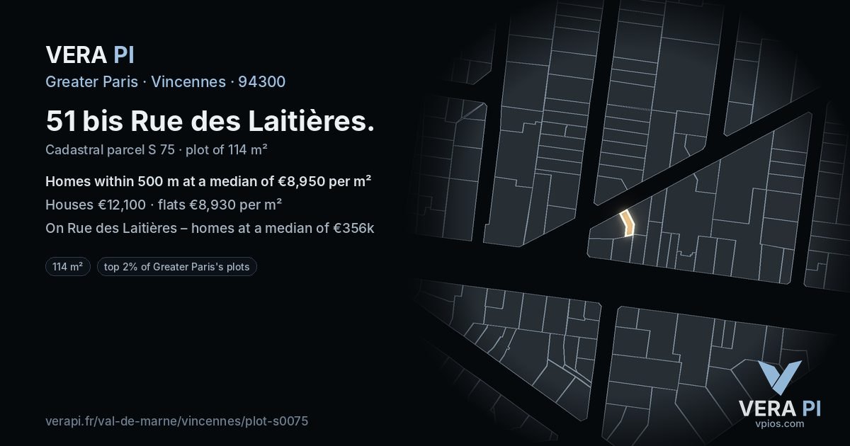 51 bis Rue des Laitières, Vincennes at night – the plot lit, the parcels around coloured by the prices near them