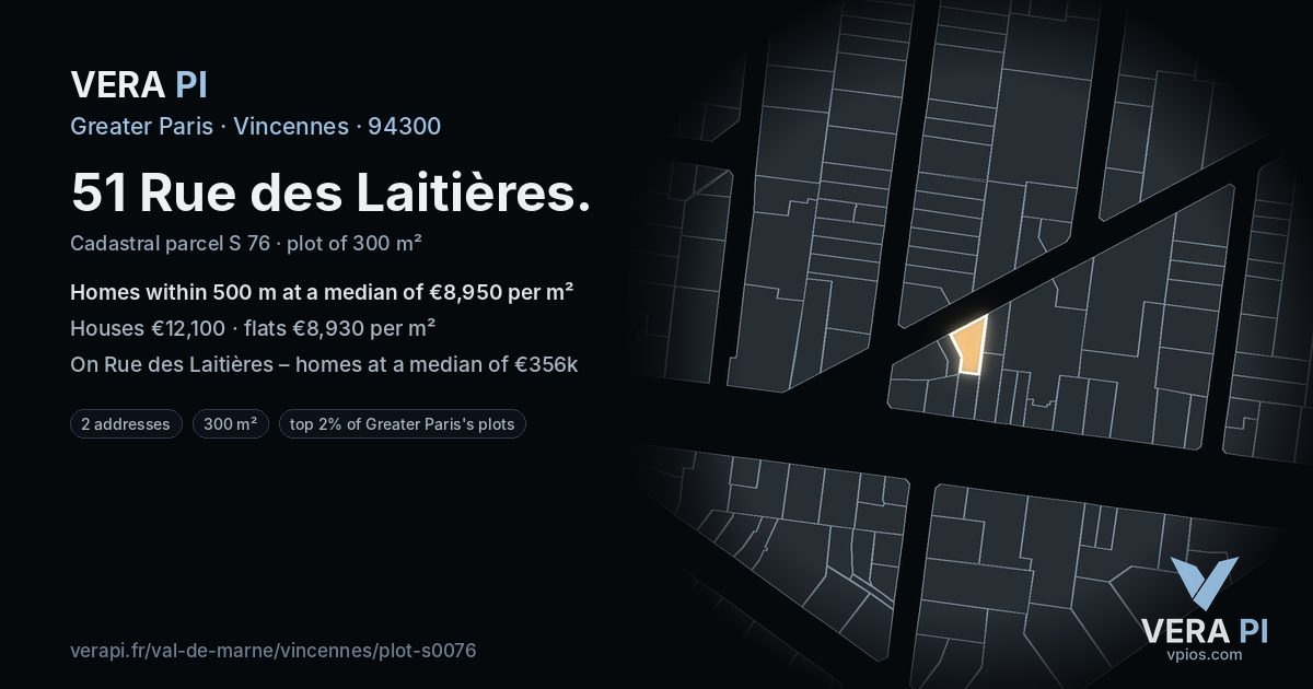 51 Rue des Laitières, Vincennes at night – the plot lit, the parcels around coloured by the prices near them