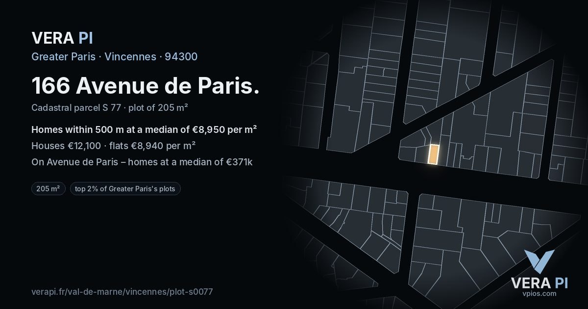 166 Avenue de Paris, Vincennes at night – the plot lit, the parcels around coloured by the prices near them