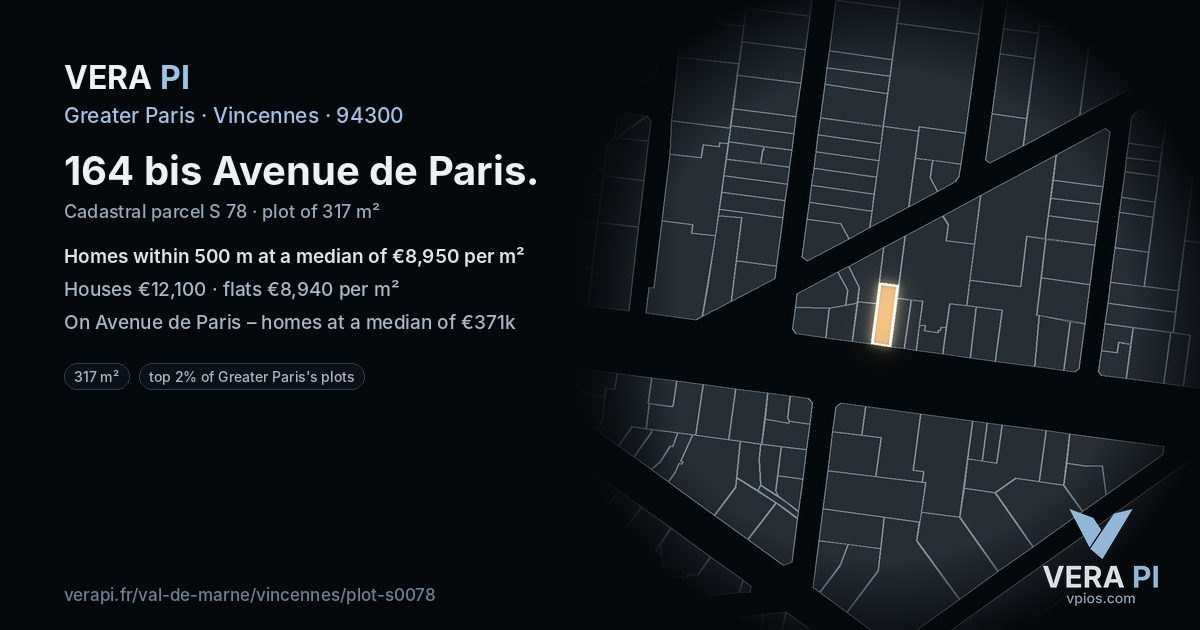 164 bis Avenue de Paris, Vincennes at night – the plot lit, the parcels around coloured by the prices near them