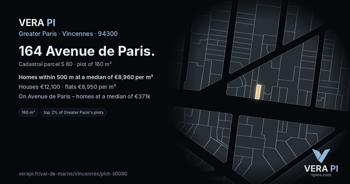 164 Avenue de Paris, Vincennes at night – the plot lit, the parcels around coloured by the prices near them