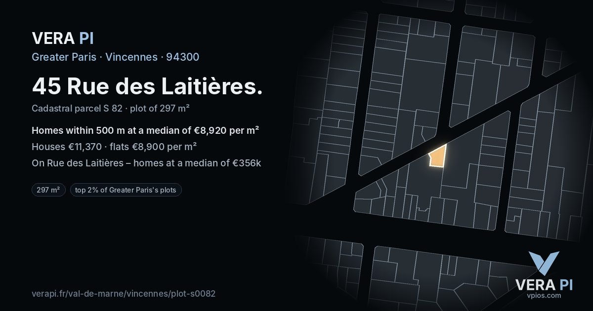 45 Rue des Laitières, Vincennes at night – the plot lit, the parcels around coloured by the prices near them