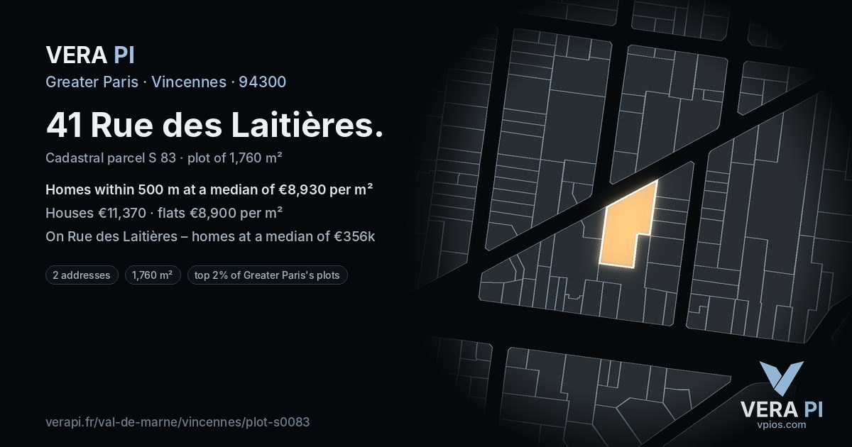 41 Rue des Laitières, Vincennes at night – the plot lit, the parcels around coloured by the prices near them