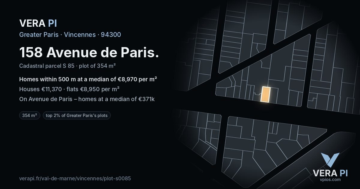 158 Avenue de Paris, Vincennes at night – the plot lit, the parcels around coloured by the prices near them