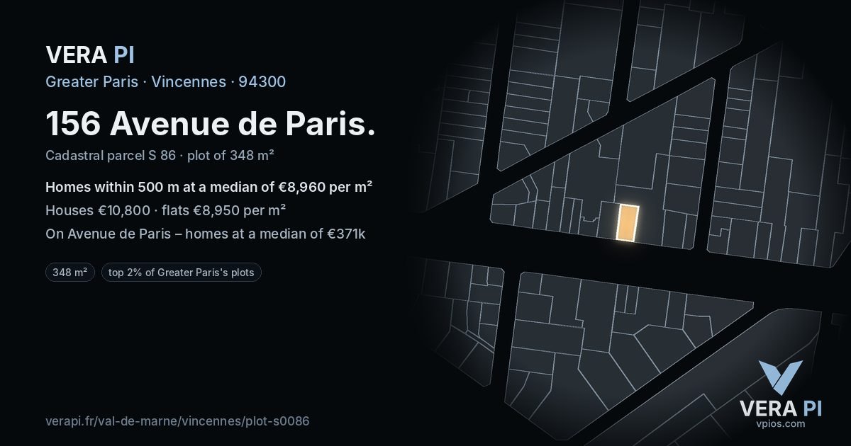 156 Avenue de Paris, Vincennes at night – the plot lit, the parcels around coloured by the prices near them