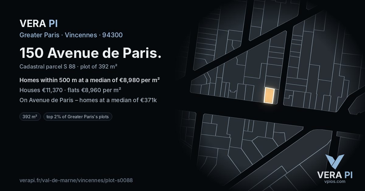 150 Avenue de Paris, Vincennes at night – the plot lit, the parcels around coloured by the prices near them