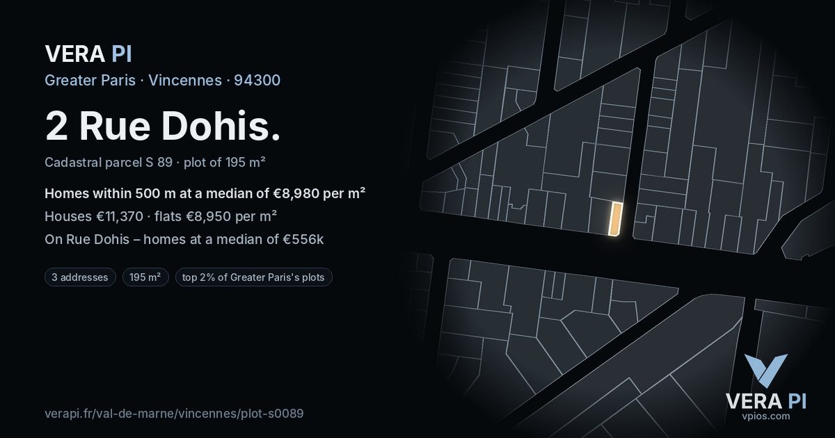 2 Rue Dohis, Vincennes at night – the plot lit, the parcels around coloured by the prices near them