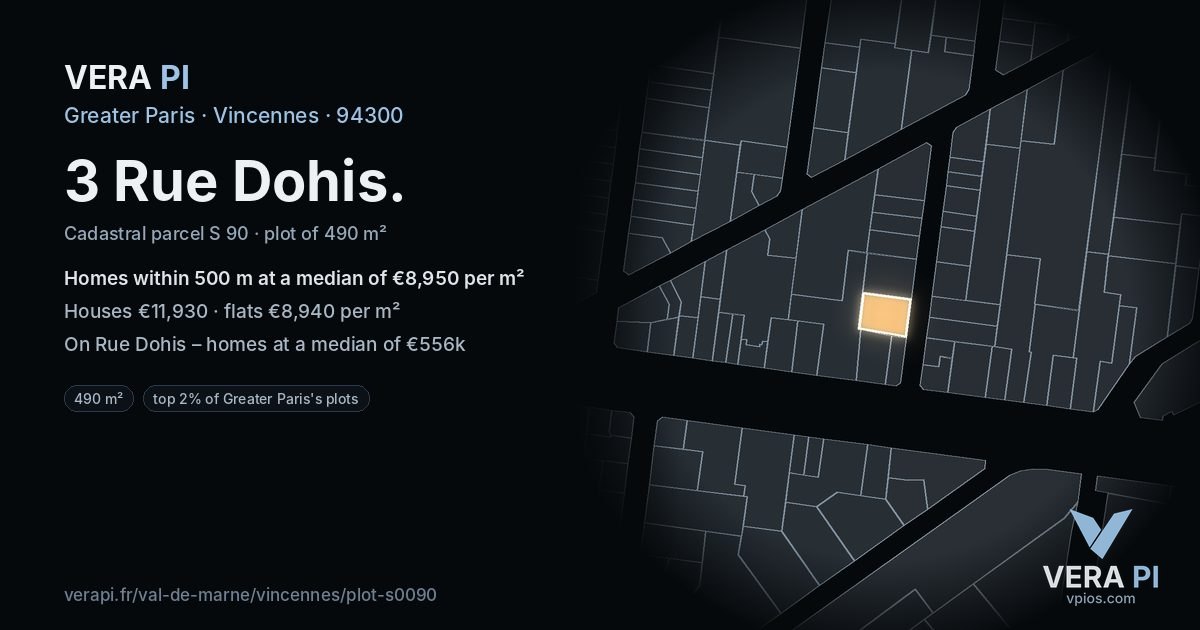 3 Rue Dohis, Vincennes at night – the plot lit, the parcels around coloured by the prices near them