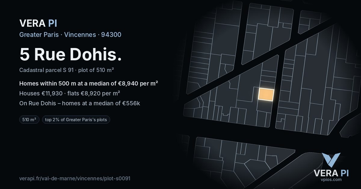 5 Rue Dohis, Vincennes at night – the plot lit, the parcels around coloured by the prices near them
