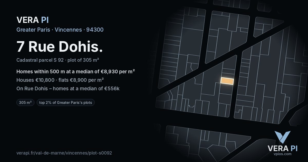 7 Rue Dohis, Vincennes at night – the plot lit, the parcels around coloured by the prices near them