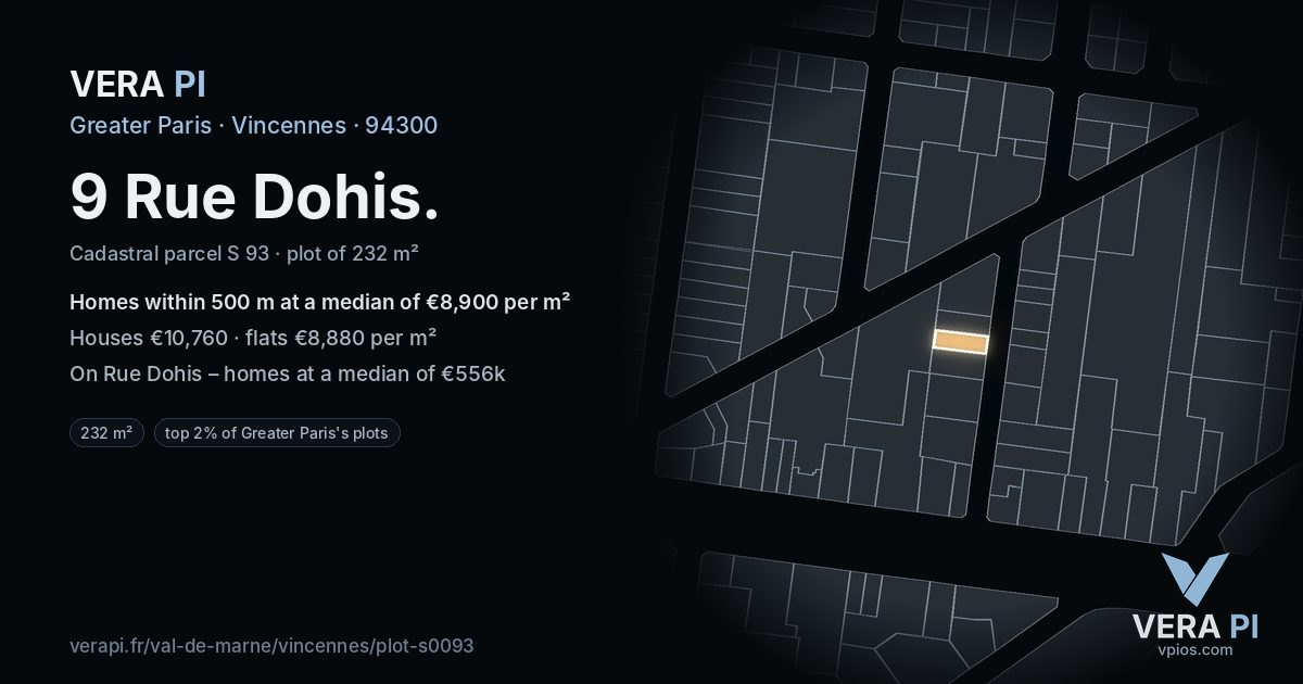9 Rue Dohis, Vincennes at night – the plot lit, the parcels around coloured by the prices near them