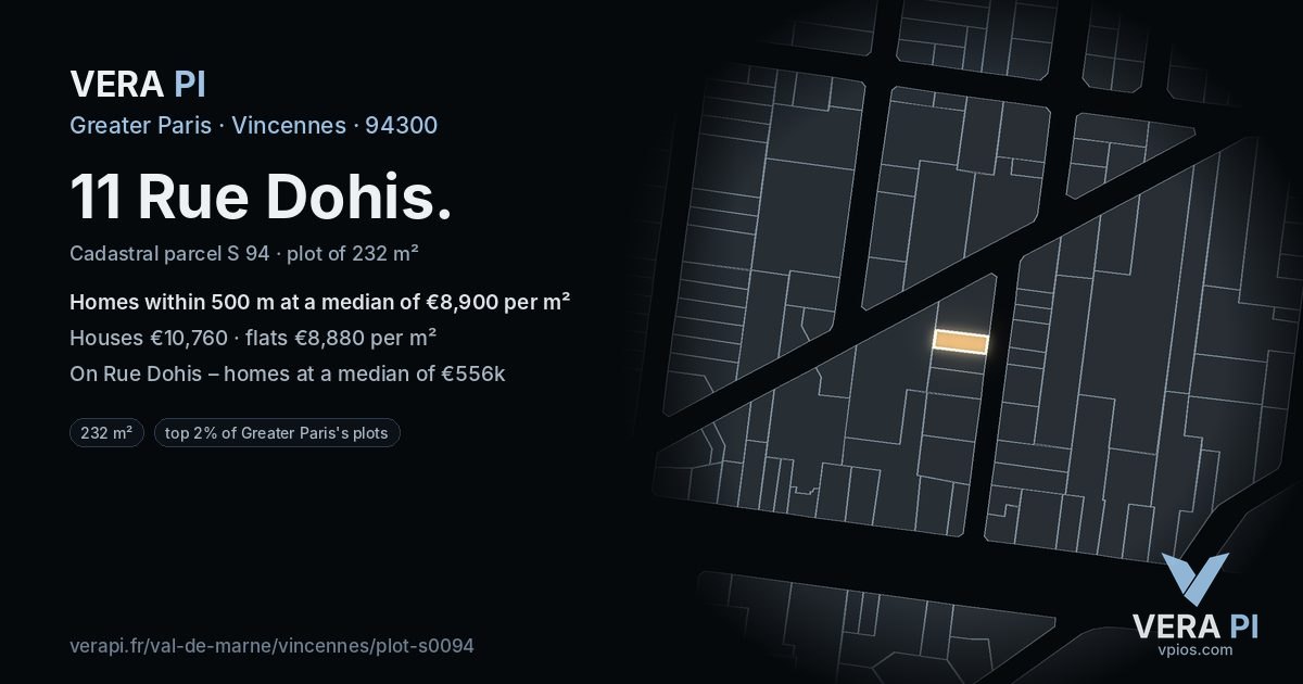 11 Rue Dohis, Vincennes at night – the plot lit, the parcels around coloured by the prices near them