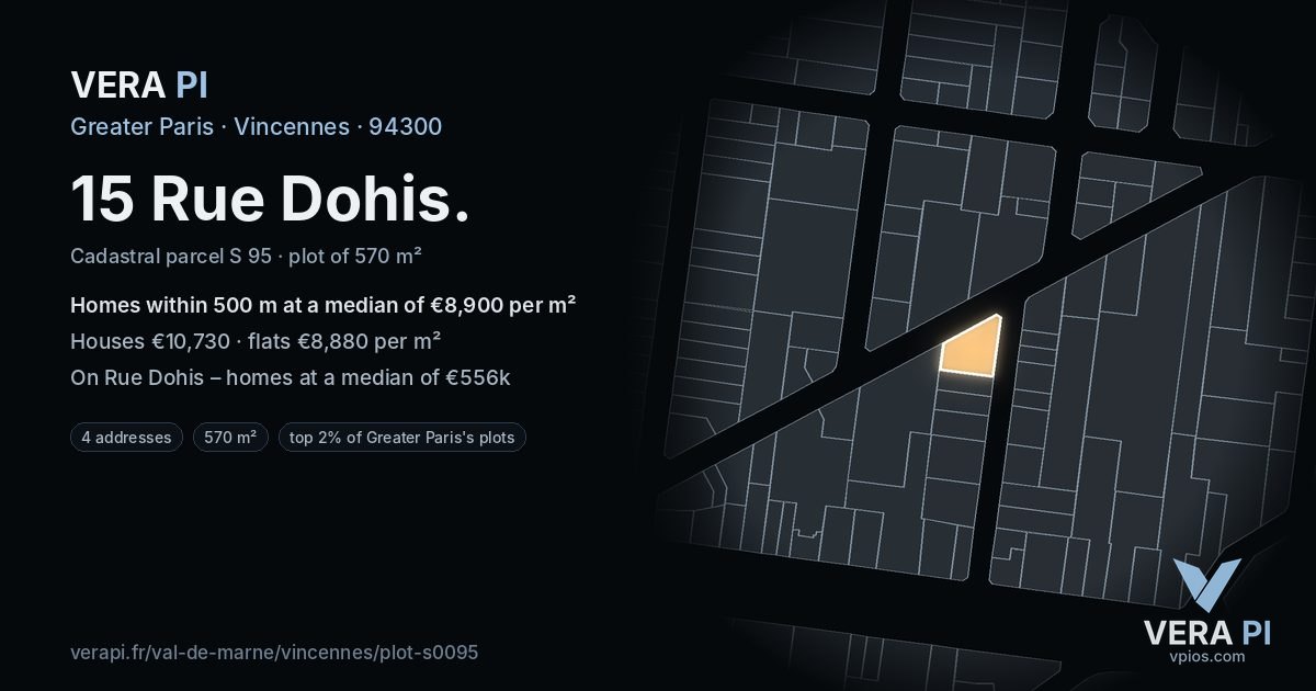 15 Rue Dohis, Vincennes at night – the plot lit, the parcels around coloured by the prices near them