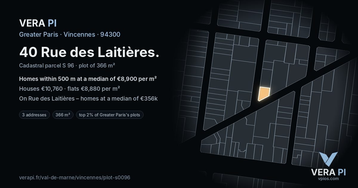 40 Rue des Laitières, Vincennes at night – the plot lit, the parcels around coloured by the prices near them