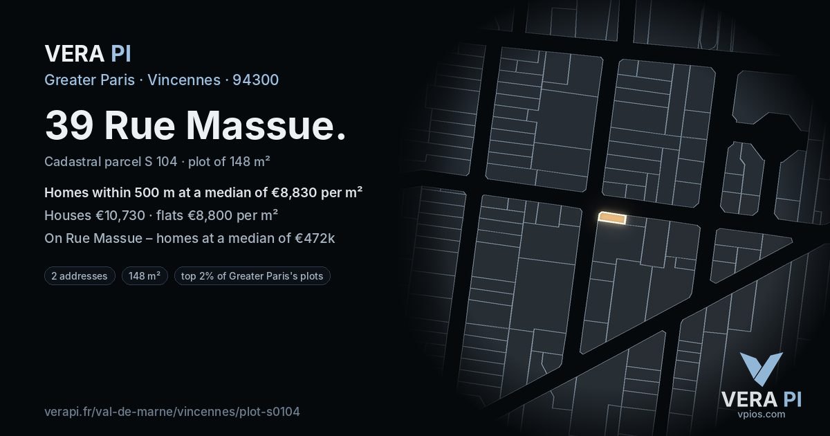 39 Rue Massue, Vincennes at night – the plot lit, the parcels around coloured by the prices near them