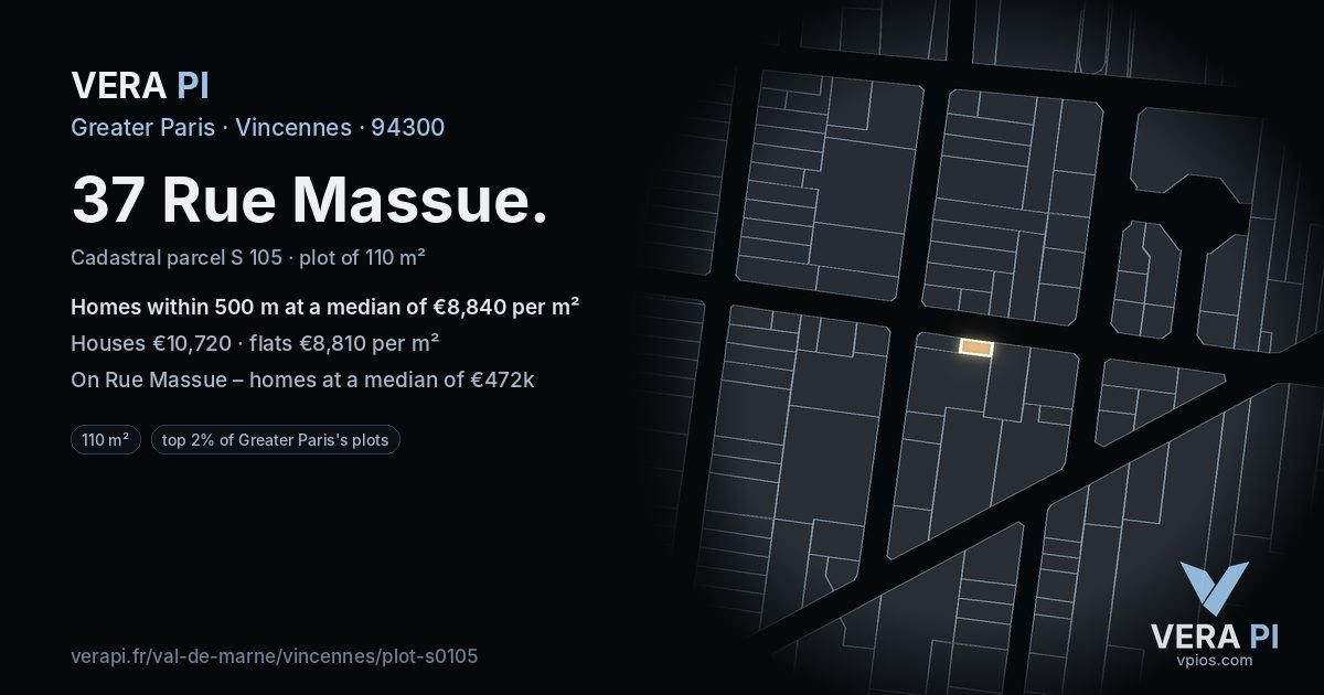 37 Rue Massue, Vincennes at night – the plot lit, the parcels around coloured by the prices near them