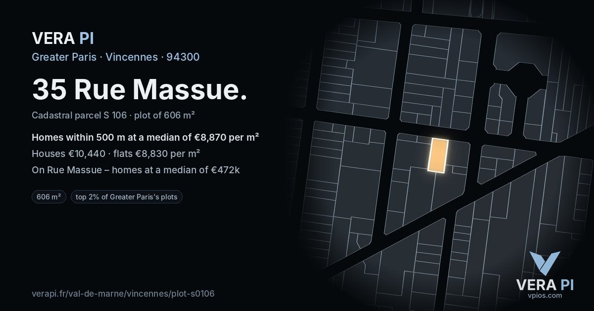 35 Rue Massue, Vincennes at night – the plot lit, the parcels around coloured by the prices near them