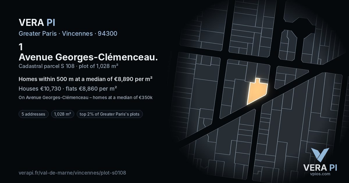 1 Avenue Georges-Clémenceau, Vincennes at night – the plot lit, the parcels around coloured by the prices near them