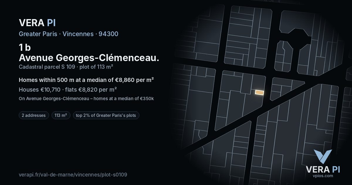 1 b Avenue Georges-Clémenceau, Vincennes at night – the plot lit, the parcels around coloured by the prices near them