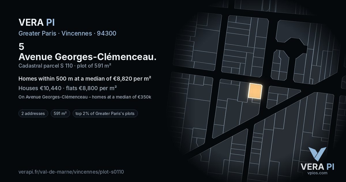 5 Avenue Georges-Clémenceau, Vincennes at night – the plot lit, the parcels around coloured by the prices near them