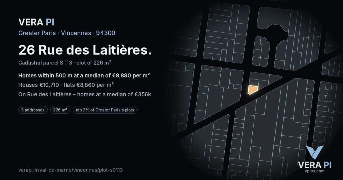 26 Rue des Laitières, Vincennes at night – the plot lit, the parcels around coloured by the prices near them