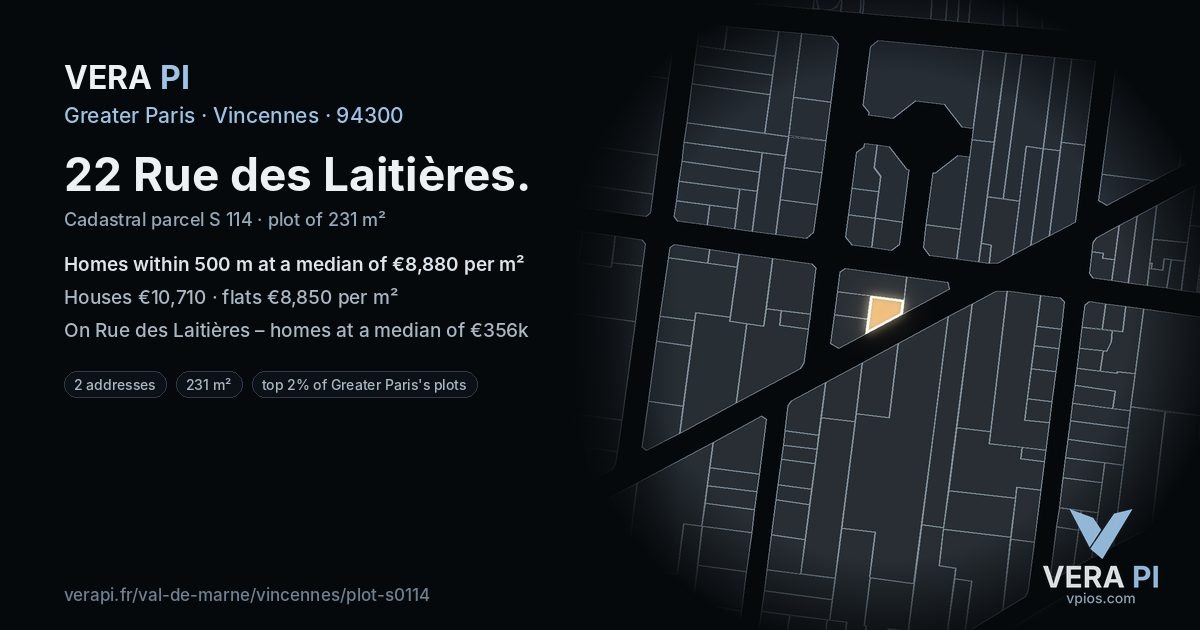 22 Rue des Laitières, Vincennes at night – the plot lit, the parcels around coloured by the prices near them