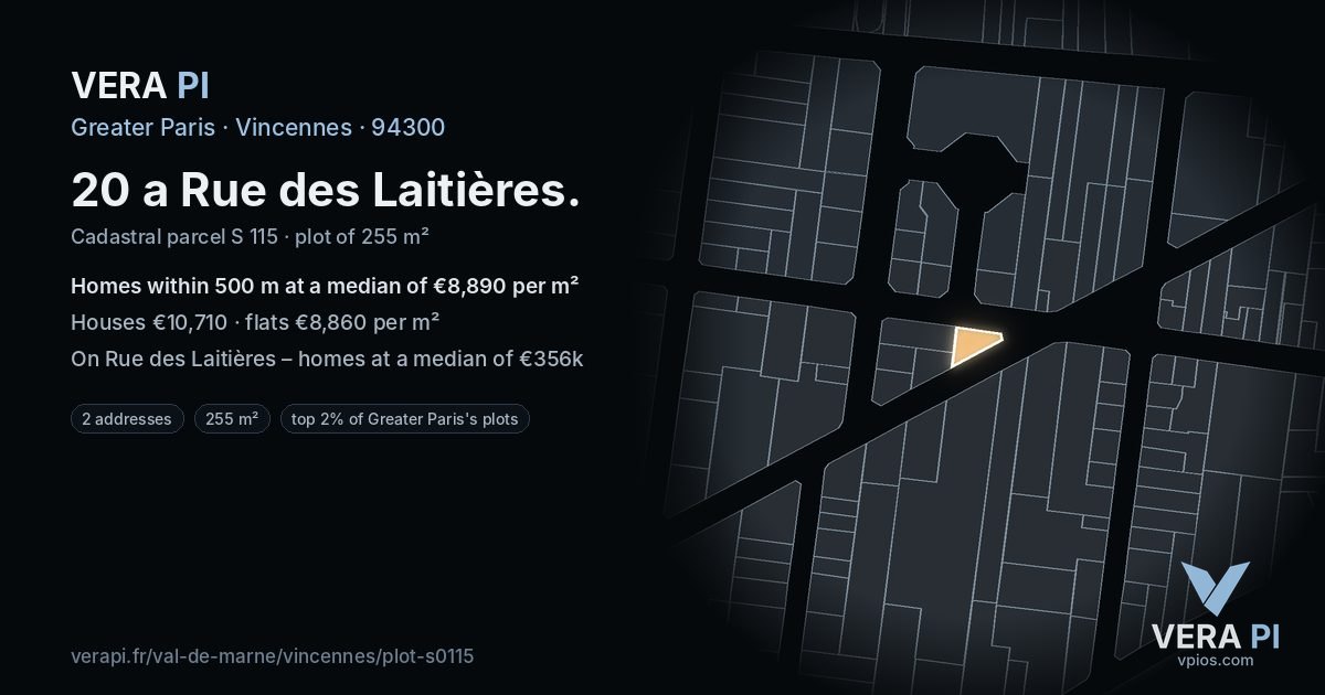 20 a Rue des Laitières, Vincennes at night – the plot lit, the parcels around coloured by the prices near them